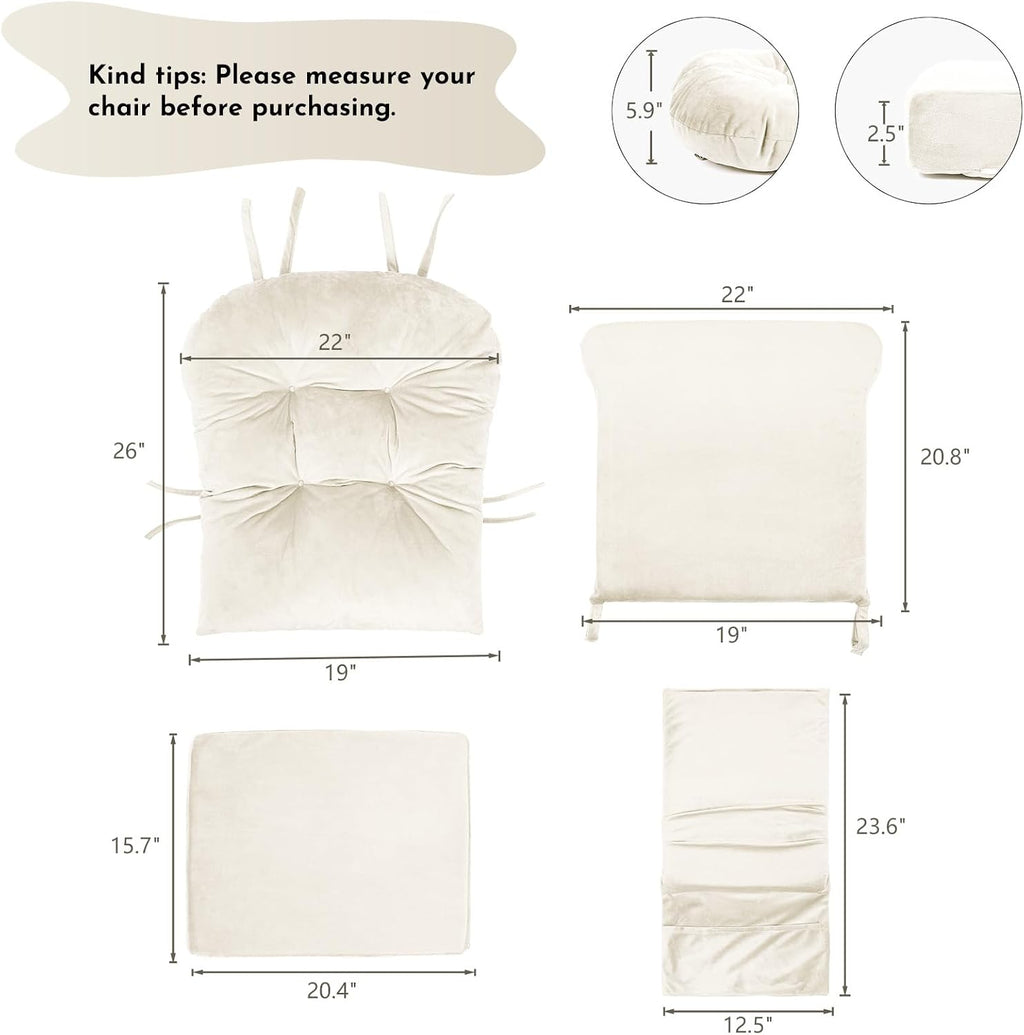 Lucky Monet 5Pcs Glider Rocker Replacement Cushions - Velvet Glider Cushions Replacement Set with Side Storage Pockets, Thick Glider Chair Cushions Washable & Non Slip, Cushion ONLY - Beige