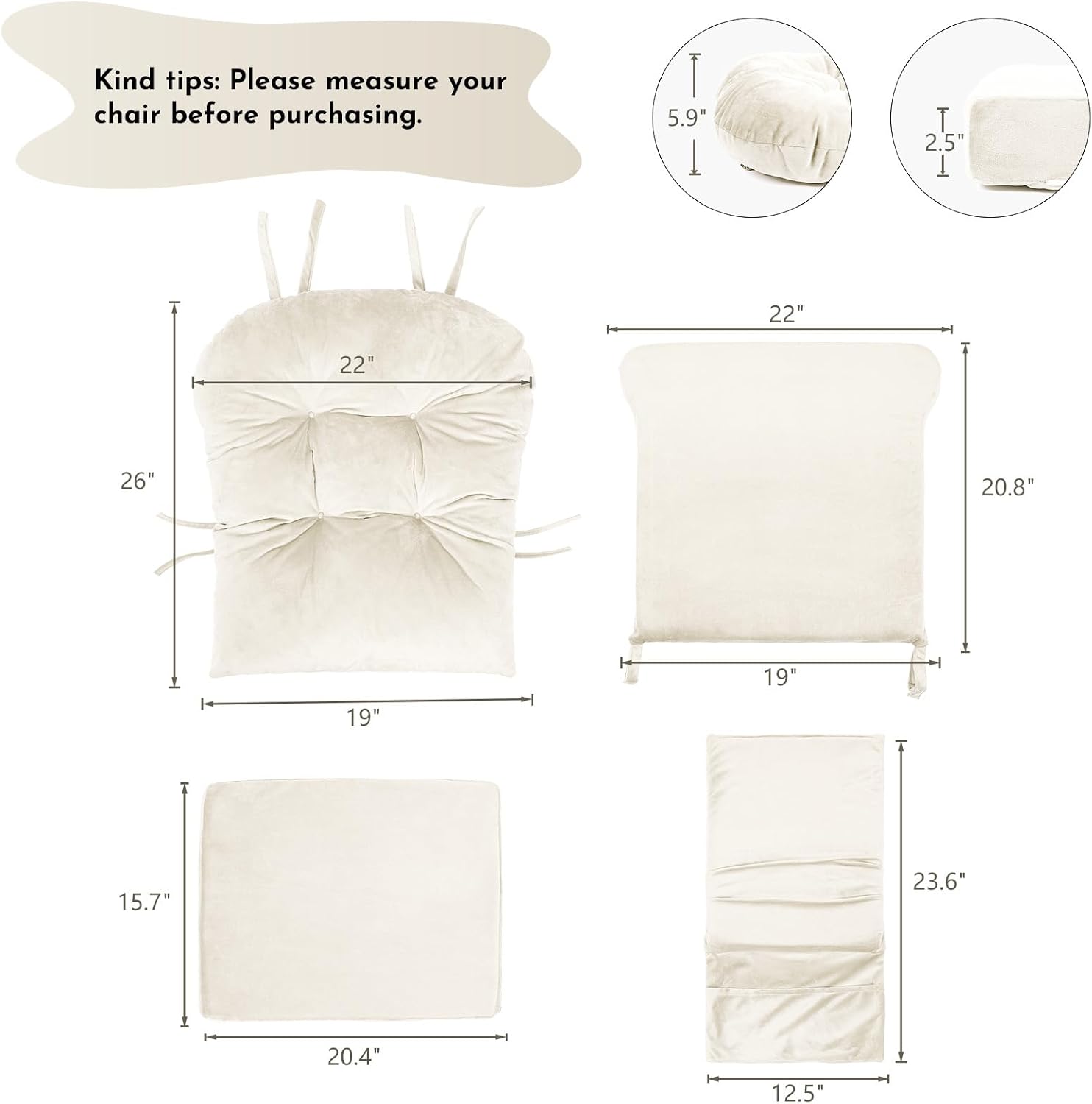 Lucky Monet 5Pcs Glider Rocker Replacement Cushions - Velvet Glider Cushions Replacement Set with Side Storage Pockets, Thick Glider Chair Cushions Washable & Non Slip, Cushion ONLY - Beige