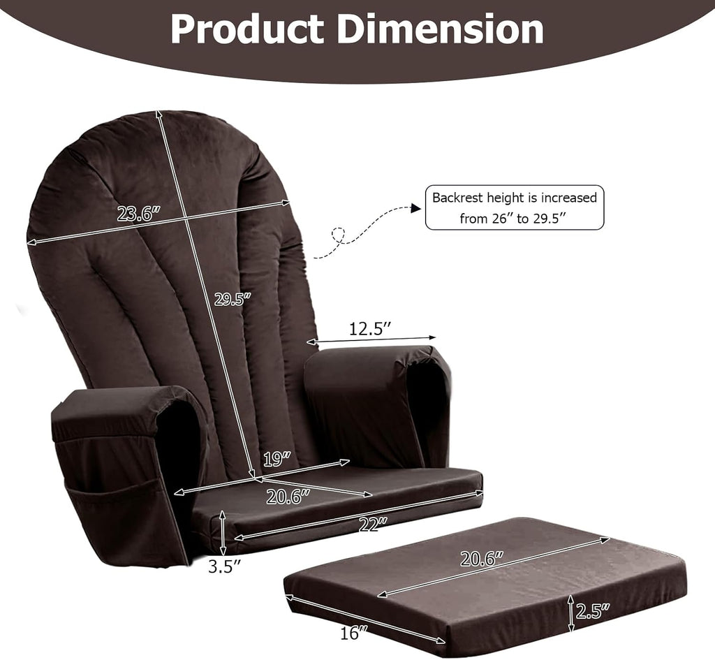 ANMINY 5pcs Glider Rocker Replacement Cushions Set with Ottoman Cushion, 3.5Inch Thickened Velvet Glider Rocking Chair Cushions with 29 inch High Backrest & Side Pockets for Indoor Nursery, Brown