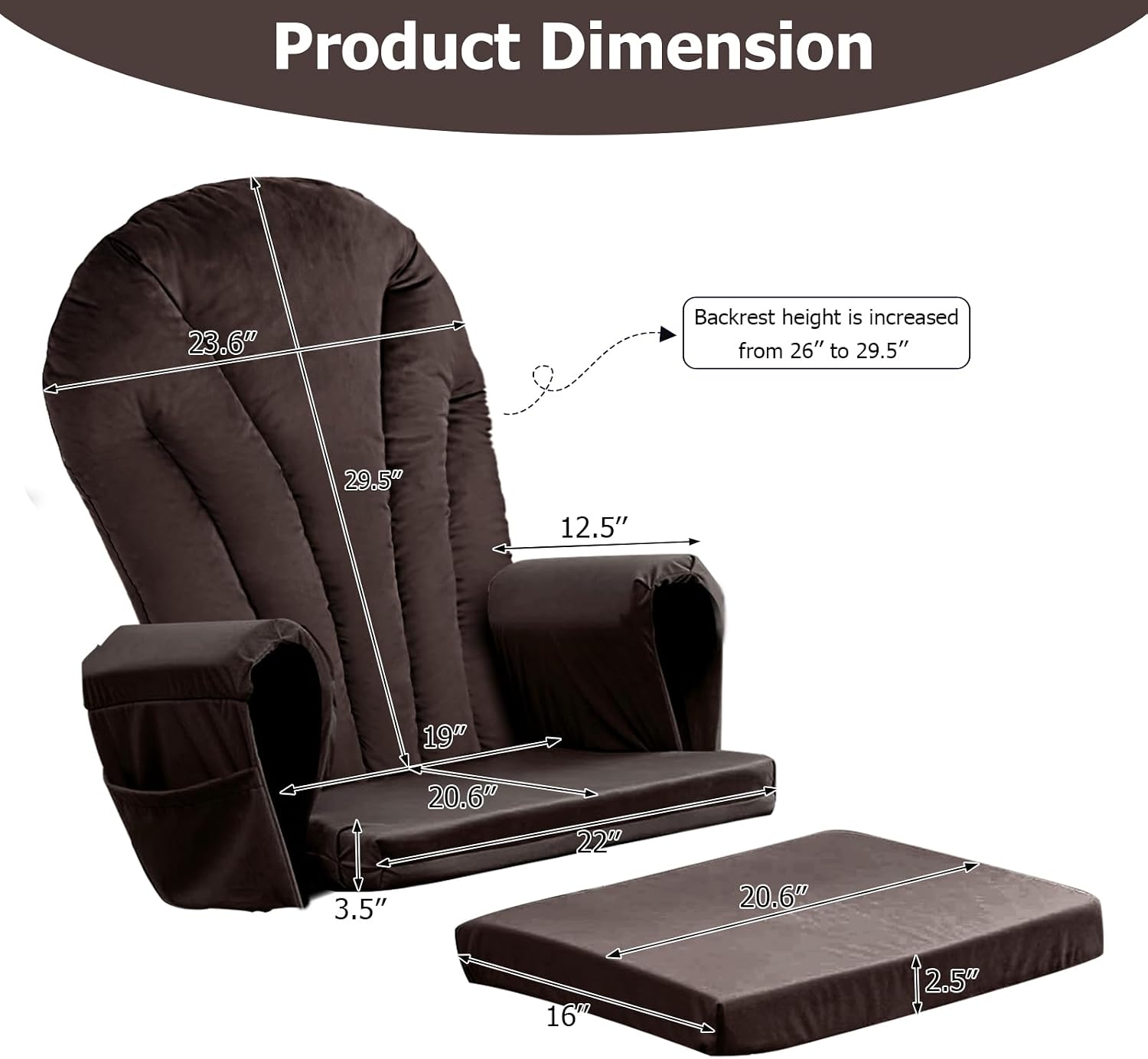 ANMINY 5pcs Glider Rocker Replacement Cushions Set with Ottoman Cushion, 3.5Inch Thickened Velvet Glider Rocking Chair Cushions with 29 inch High Backrest & Side Pockets for Indoor Nursery, Brown