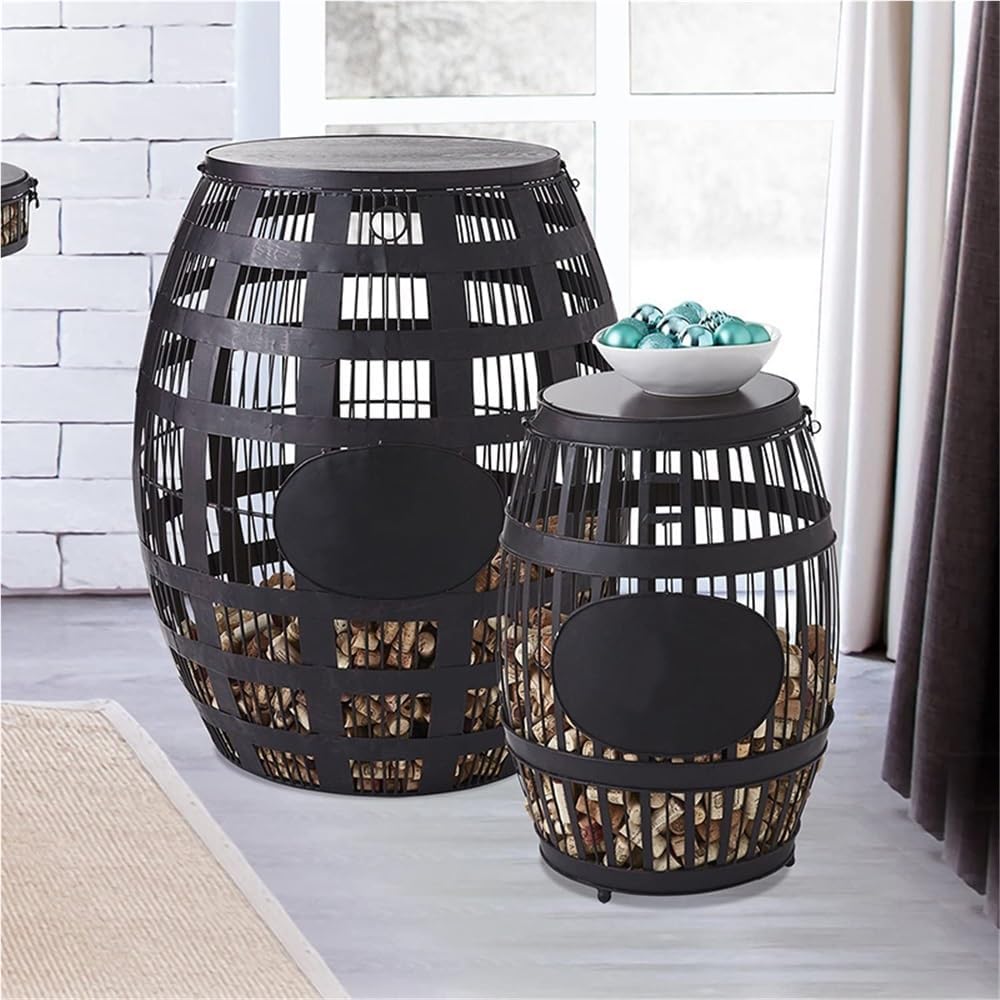 Metal Barrel Side Table with Storage, Wine Cork Holder Display, Whiskey Barrel Table for Living Room, Bedroom, Bar(23.6in)