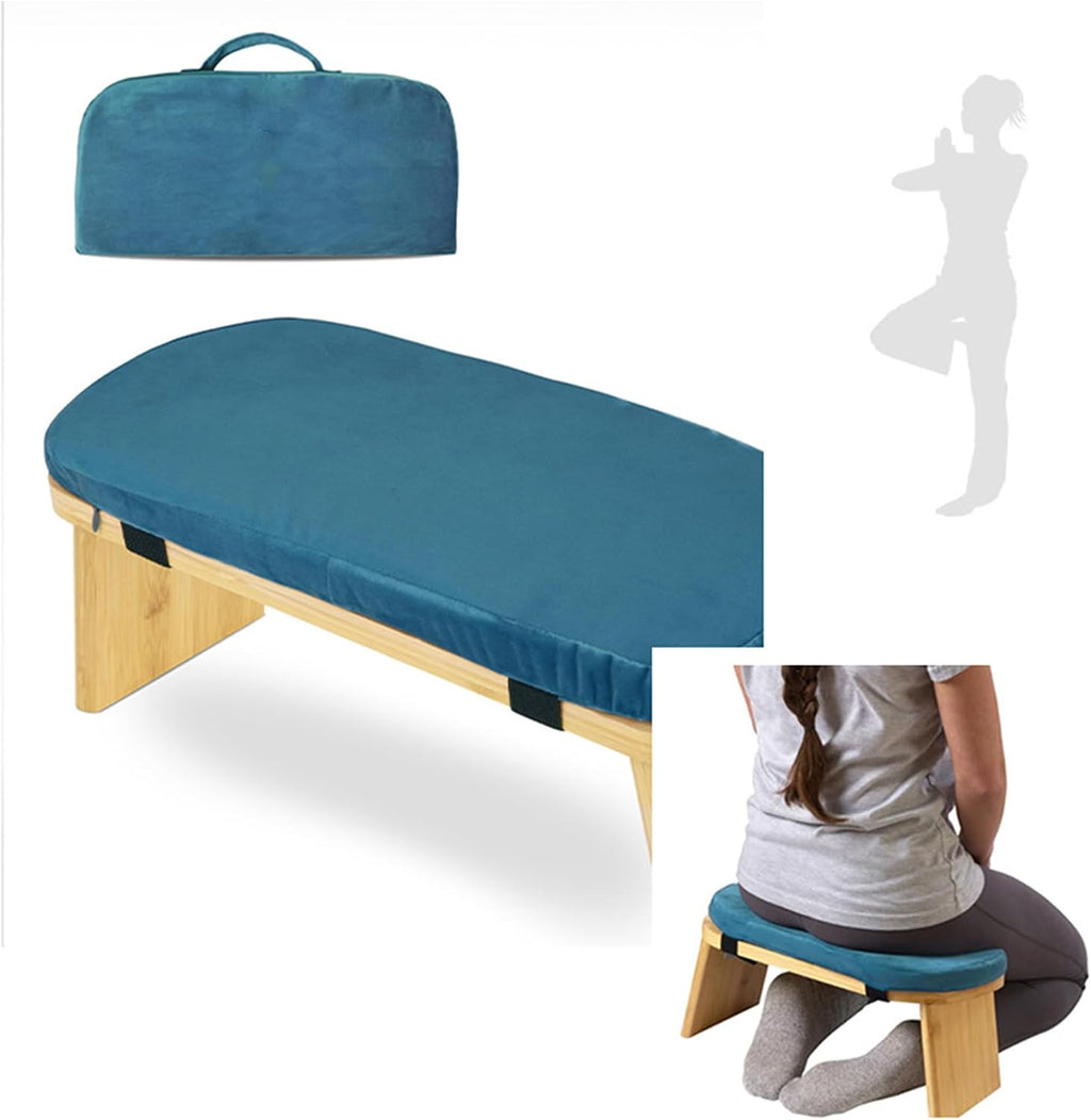 Adjustable Bamboo Meditation Bench with Carry Bag, Foldable Kneeling Yoga Stool, Removable Velvet Cushion, Ergonomic Prayer Seat for Meditation, Yoga, Prayer, Zen Practice (Gray-blue1)