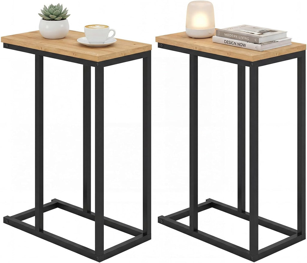 Giantex C-Shaped End Table, Set of 2 Small Sofa Couch Side Table that Slide Under with Metal Frame & Spacious Tabletop, Bedside Laptop TV Tray for Living Room Bedroom Small Spaces (Natural)