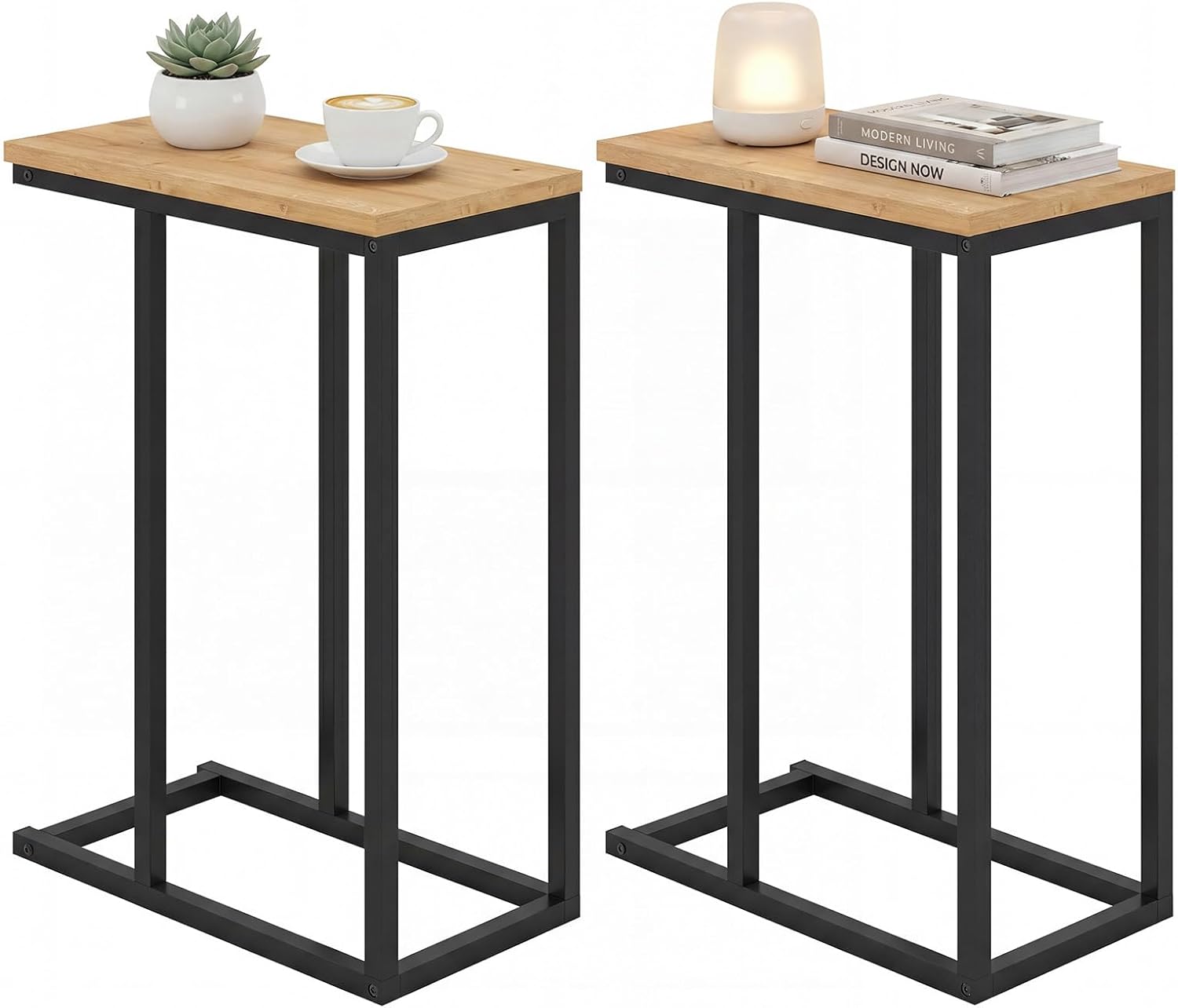 Giantex C-Shaped End Table, Set of 2 Small Sofa Couch Side Table that Slide Under with Metal Frame & Spacious Tabletop, Bedside Laptop TV Tray for Living Room Bedroom Small Spaces (Natural)