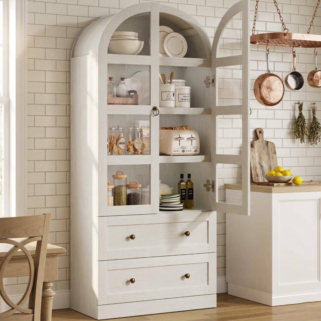 CABIHOME 72" Tall Arched Kitchen Pantry Cabinet, Freestanding Farmhouse Storage Cupboard with Doors, Drawers & Shelves, Versatile Wooden Organizer for Dining Room, Living Room, White