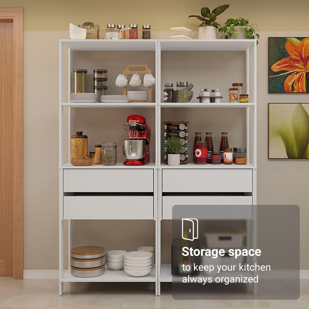 Madesa Kitchen Pantry Storage Rack with 4 Drawers and 6 Open Shelves 55" L Multiuse Modular Cabinet for Kitchen Organization - White