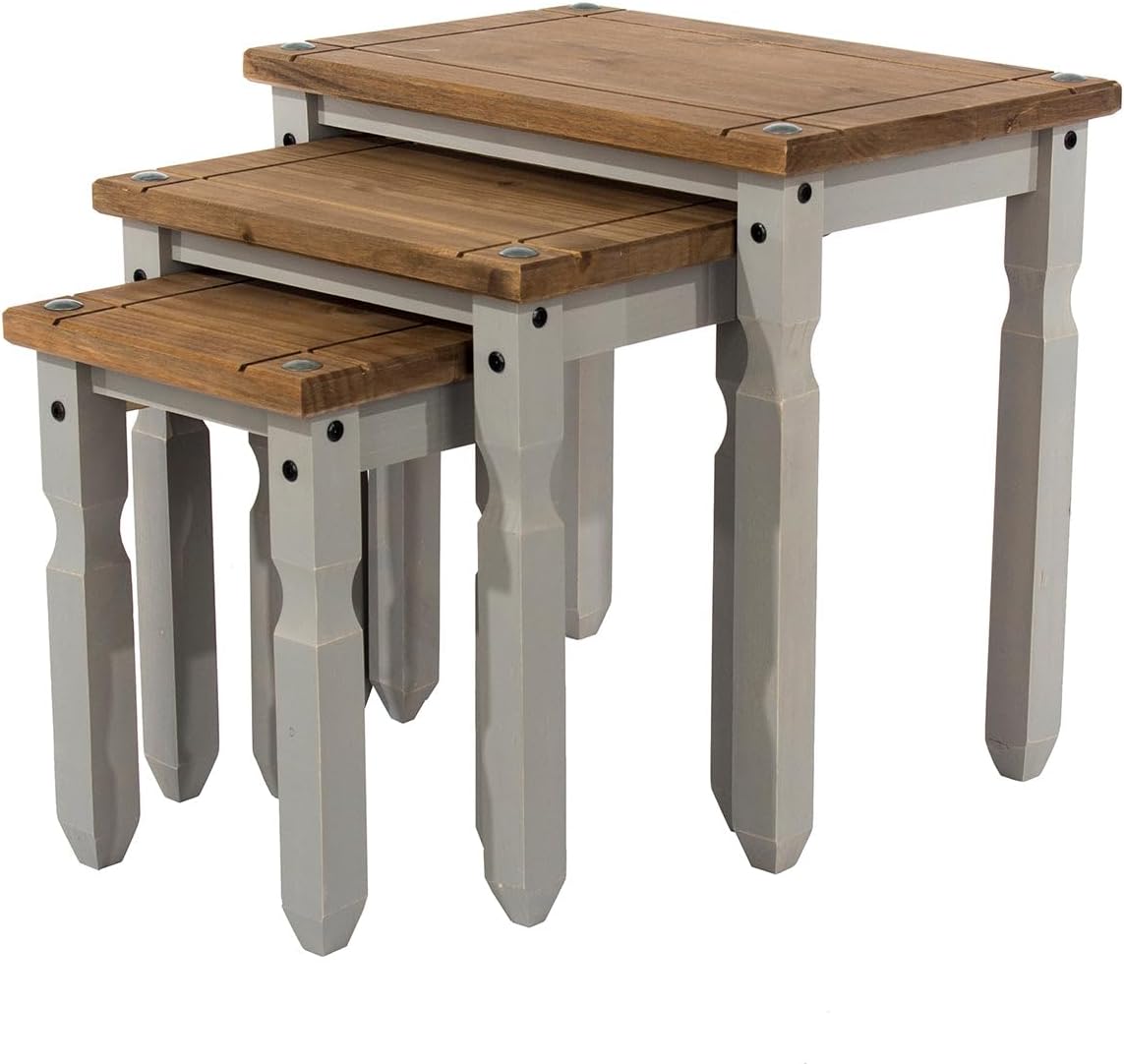 OSHOME 3-Piece Farmhouse Nesting Side Table Set – Solid Pine Wood End Tables in Corona Gray with Rustic Wood Top
