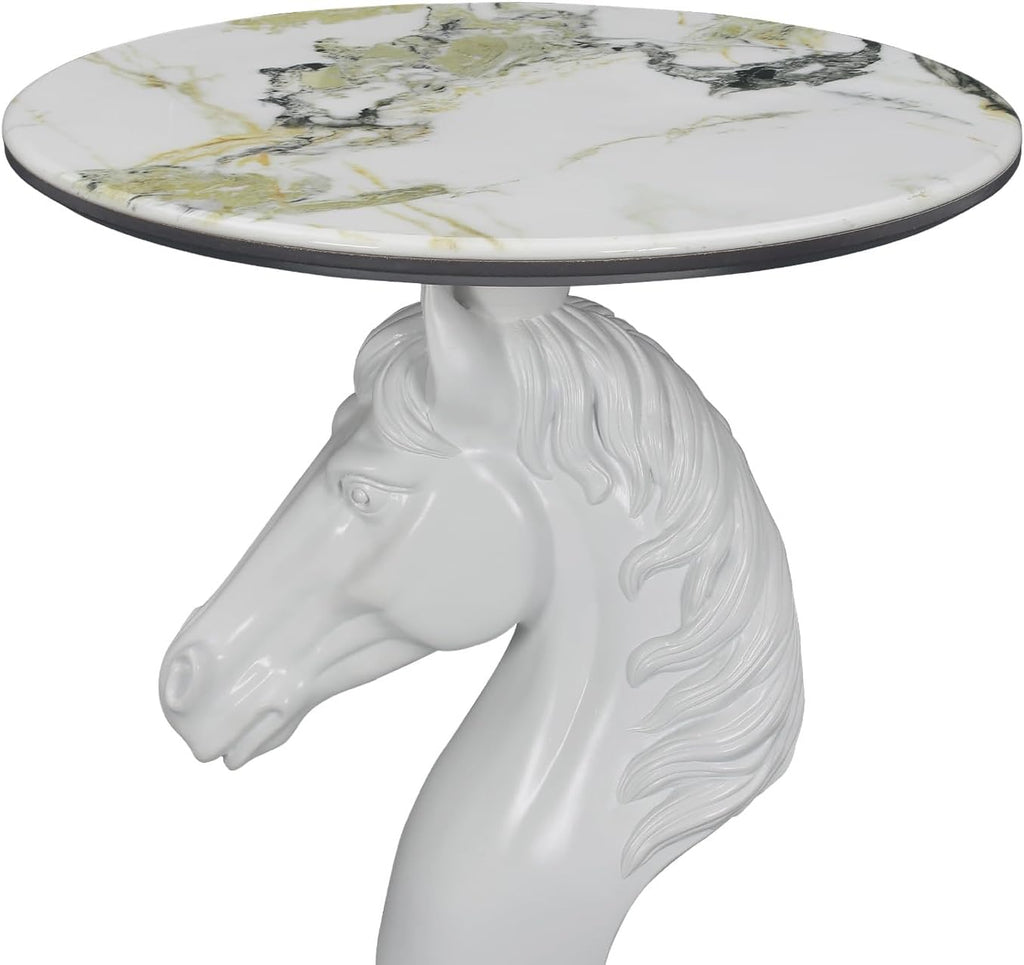 Horse Head Accent Side Table, Unique Resin Animal Statue End Tables with Faux Marble Top, Modern Classical Decoration for Home, Living Room Bedroom and Entryway (White Horse Head)