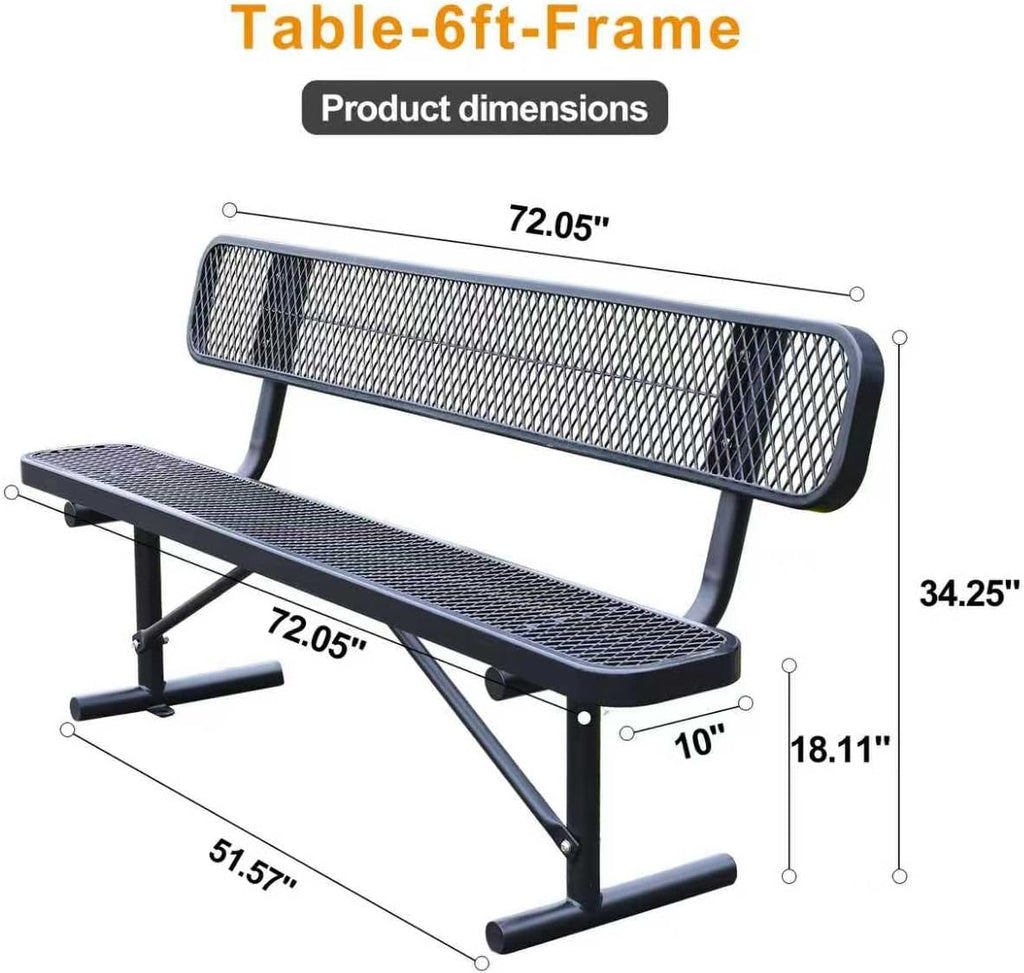 Outdoor Furniture Expanded Metal Bench, Heavy-Duty Park Steel Bench with Backrest, Weatherproof, Commercial-Grade, Thermoplastic Coating, Suitable for Garden, Patio, Outside (Black, 6ft)