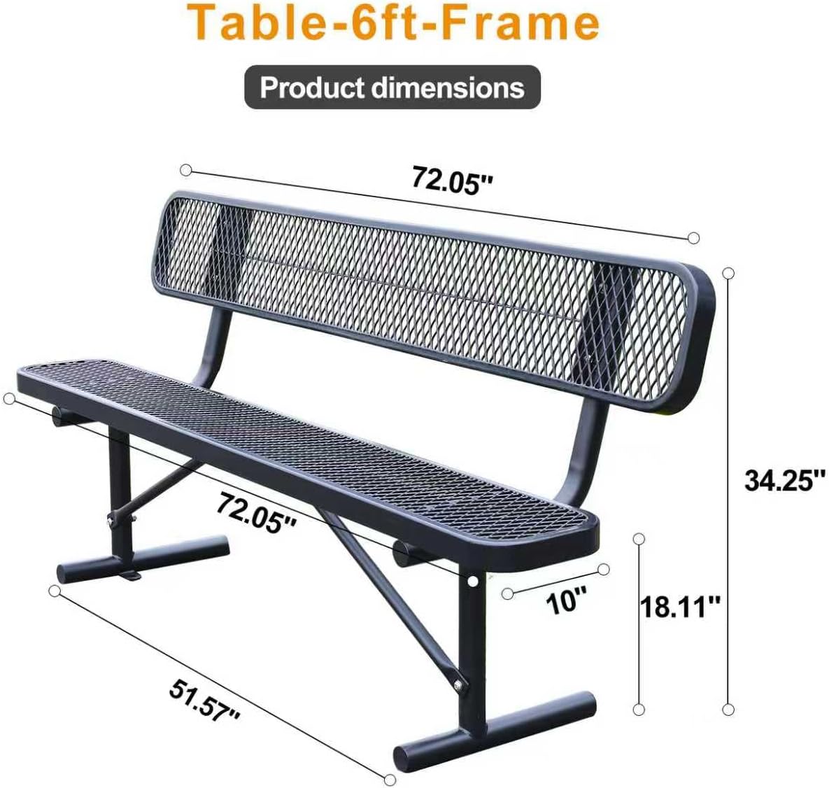 Outdoor Furniture Expanded Metal Bench, Heavy-Duty Park Steel Bench with Backrest, Weatherproof, Commercial-Grade, Thermoplastic Coating, Suitable for Garden, Patio, Outside (Black, 6ft)