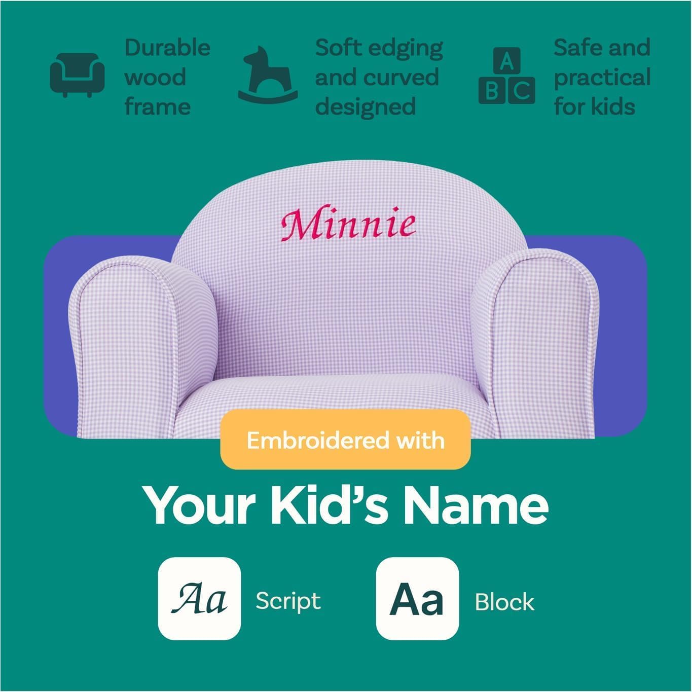 Keet Personalized Gingham Kids Chair with Custom Name Embroidery, Soft Microsuede Fabric, Padded Cushion, Wooden Frame, Ages 2-5, Comfortable & Stylish Toddler Armchair for Playroom & Bedroom.