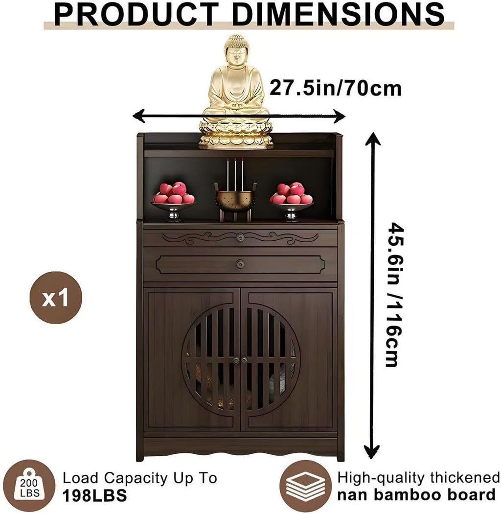 Bamboo Buddhist Altar Table for Home - Meditation Table with Cabinet Door, Chinese for Altar Pooja Tables High Altars with Storage (Ruyi Style)