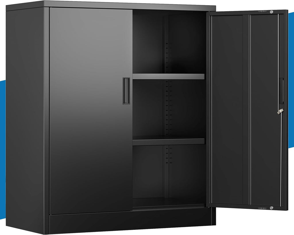 Metal Storage Cabinet, 36" Locking Steel Cabinet with 2 Doors and 2 Adjustable Shelves for Garage, Home, Office, Kitchen (Black, 36" H x 32" W x 16" D)