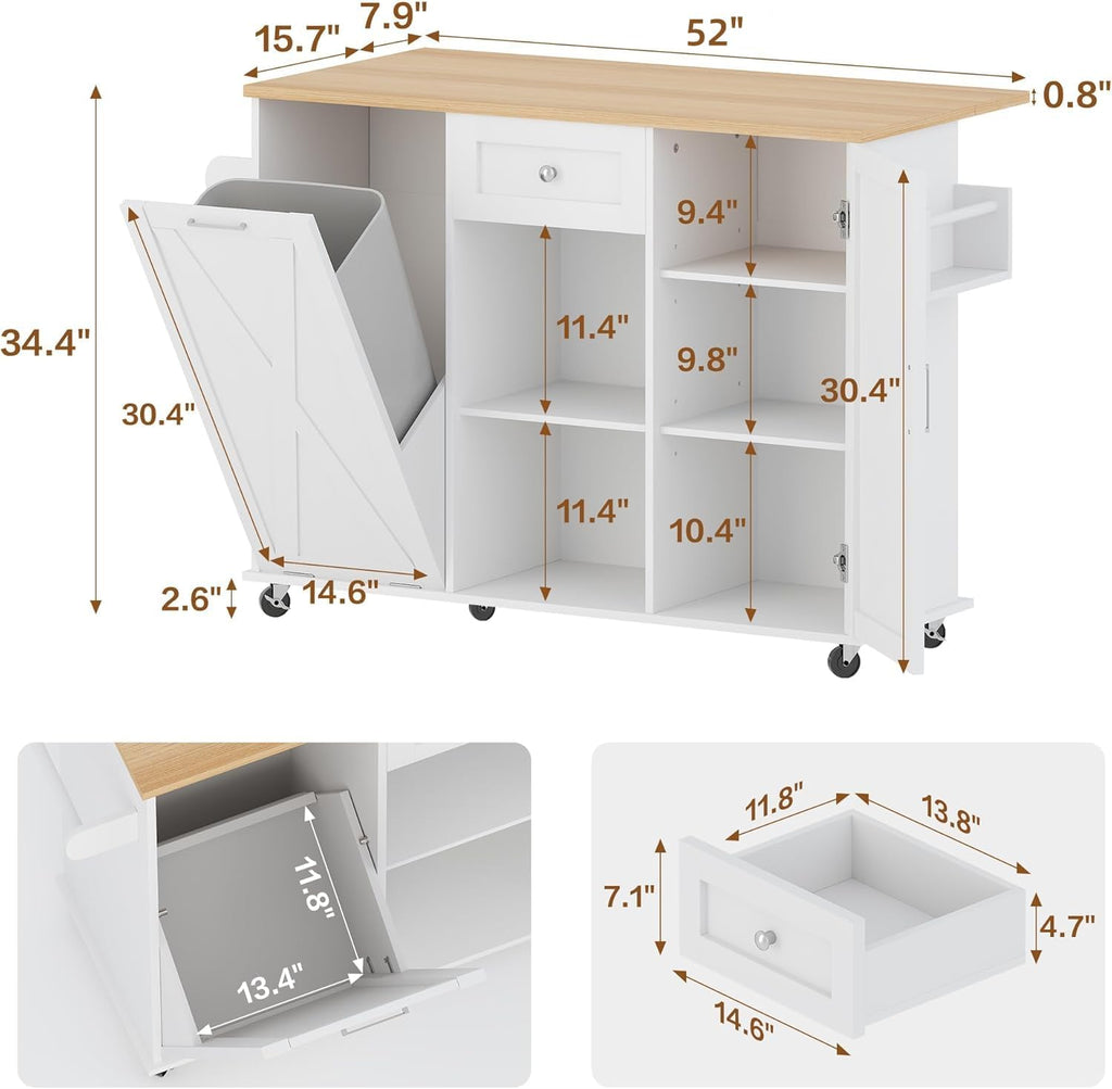 52" Rolling Kitchen Island with Drop Leaf & Trash Can Storage, Kitchen Island Cart with Spice Rack & Towel Rack, Mobile Island Table for Kitchen