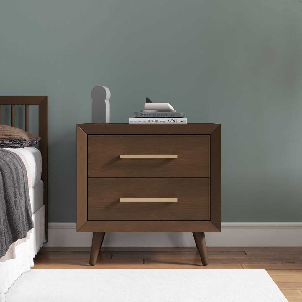 Child Craft Cranbrook Nightstand, 25" W Mid-Century Modern 2-Drawer Nursery Nightstand with Metal Handles, Toasted Chestnut