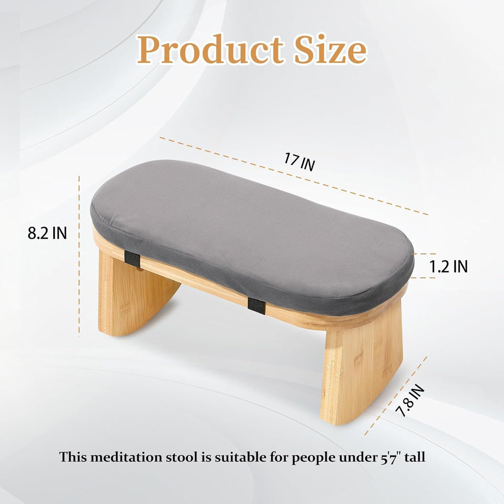 Meditation Bench, Folding Meditation Chair with Cushion, Bamboo Meditation Stool with Anti-Slip Mat, Adjustable Yoga Stool with Curved Bottom Edges, Prayer Bench