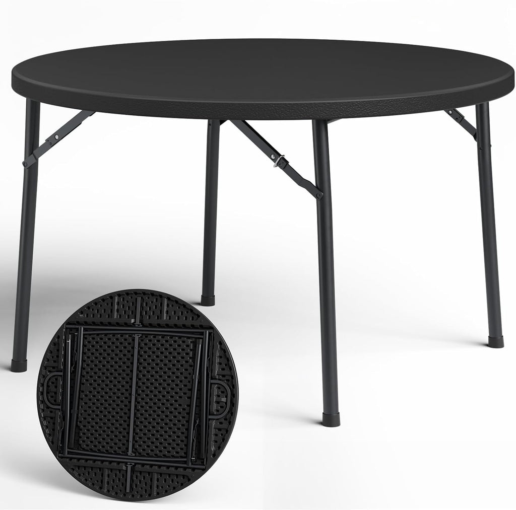 Round Folding Table, 48" Round Card Table with Foldable Steel Legs, Heavy Duty Plastic Banquet Table for Outdoor Party, Event, Kitchen, Black