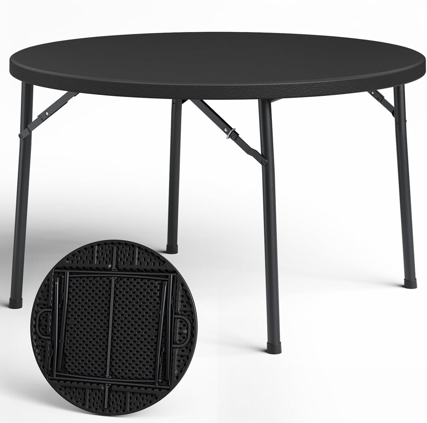Round Folding Table, 48" Round Card Table with Foldable Steel Legs, Heavy Duty Plastic Banquet Table for Outdoor Party, Event, Kitchen, Black