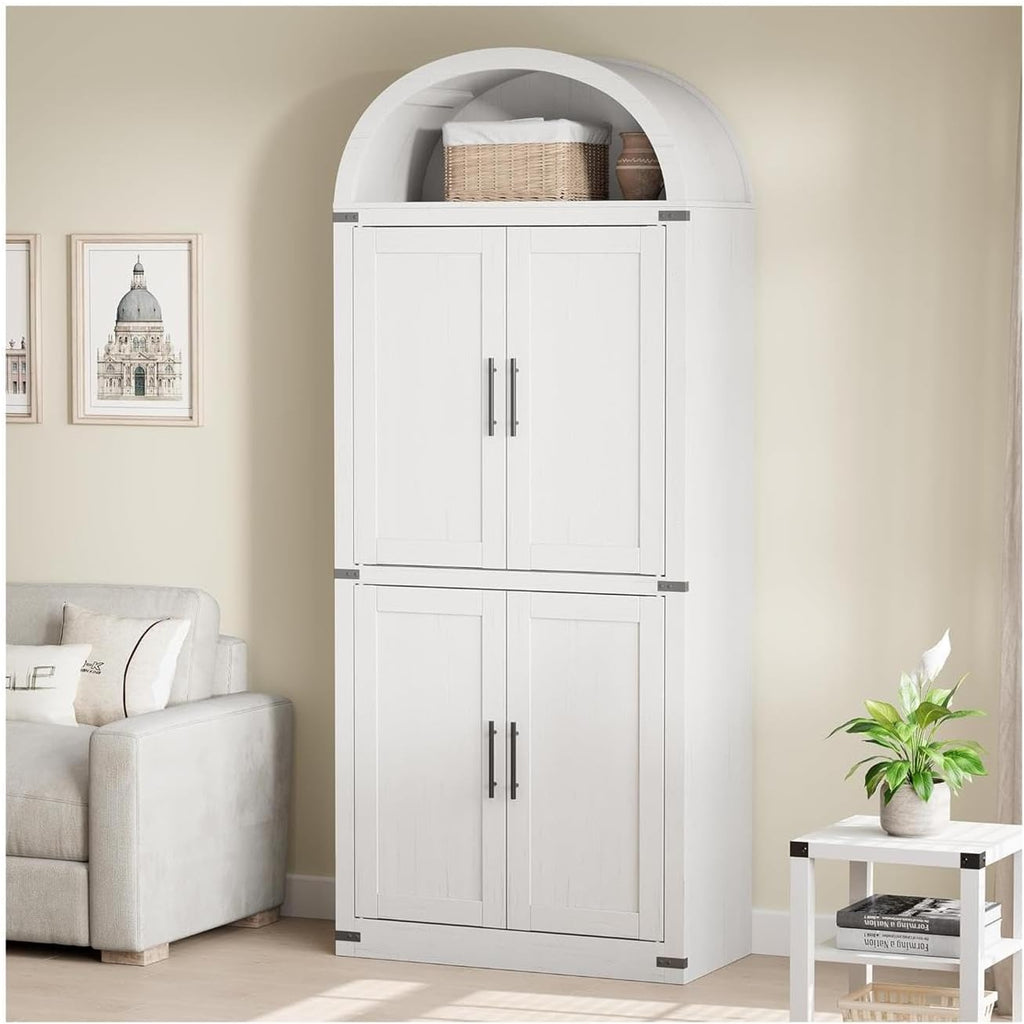 71.6" Arched Kitchen Pantry Cabinet,Farmhouse Arched Cabinet with Bookshelf and Storage Cabinets for Kitchen, Dining Room, Bathroom