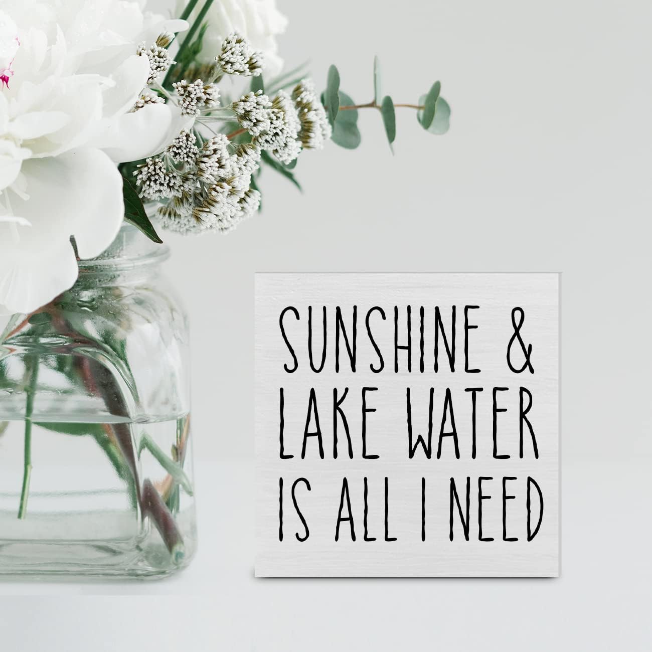 Country Lake Themed Wood Box Sign Decor Desk Sign Sunshine and Lake Water is All I Need Wooden Box Block Sign Summer Rustic Home Shelf Wall Decoration