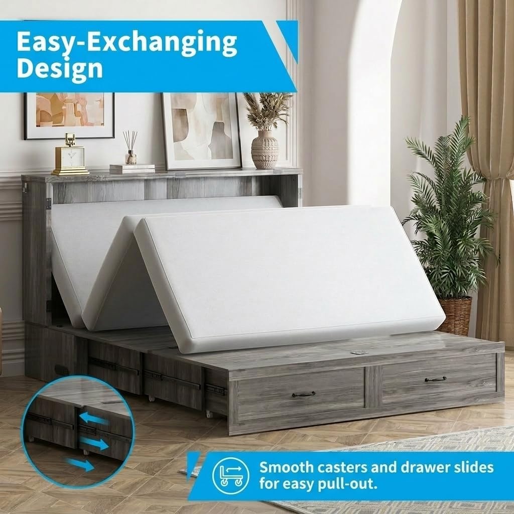 Mjkone Queen Murphy Bed, Cabinet Beds Queen Size with Tri-Fold Mattress Included, Charging Station, Hidden Storage Drawers, Space Saving Murphy Chest Beds, Cabinet Guest Wall Bed for Apartment, Grey