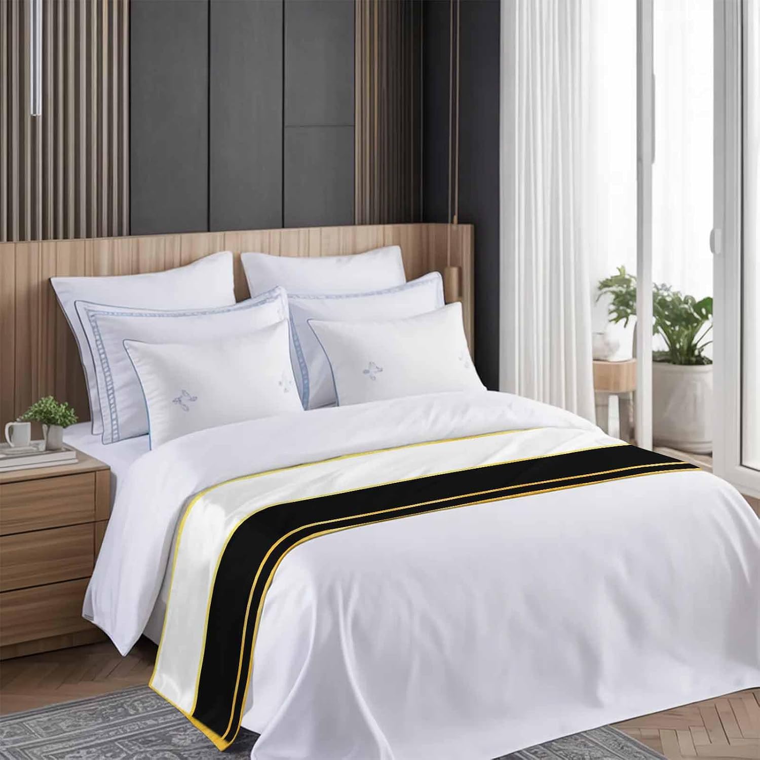 Modern Black Gold Bed Runners for Queen Size Beds, Decorative Bed Throws for Foot of Beds, Luxury Bedding Protector Slipcover Minimalist Geometric Yellow Striped Hotel Bedrunners & Scarves, 94"x20"