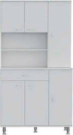 90 Kitchen Pantry Cabinet, Two Open Shelves, One Drawer, Multiple Cabinets, White