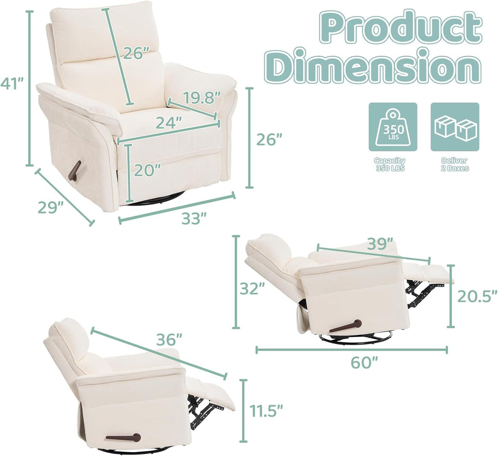 Swivel Rocker Recliner with Adjustable Headrest,Upholstered Glider Rocker Recliner with Overstuffed Armrest,Manual Recliner Nursery Chair for Living Room,White