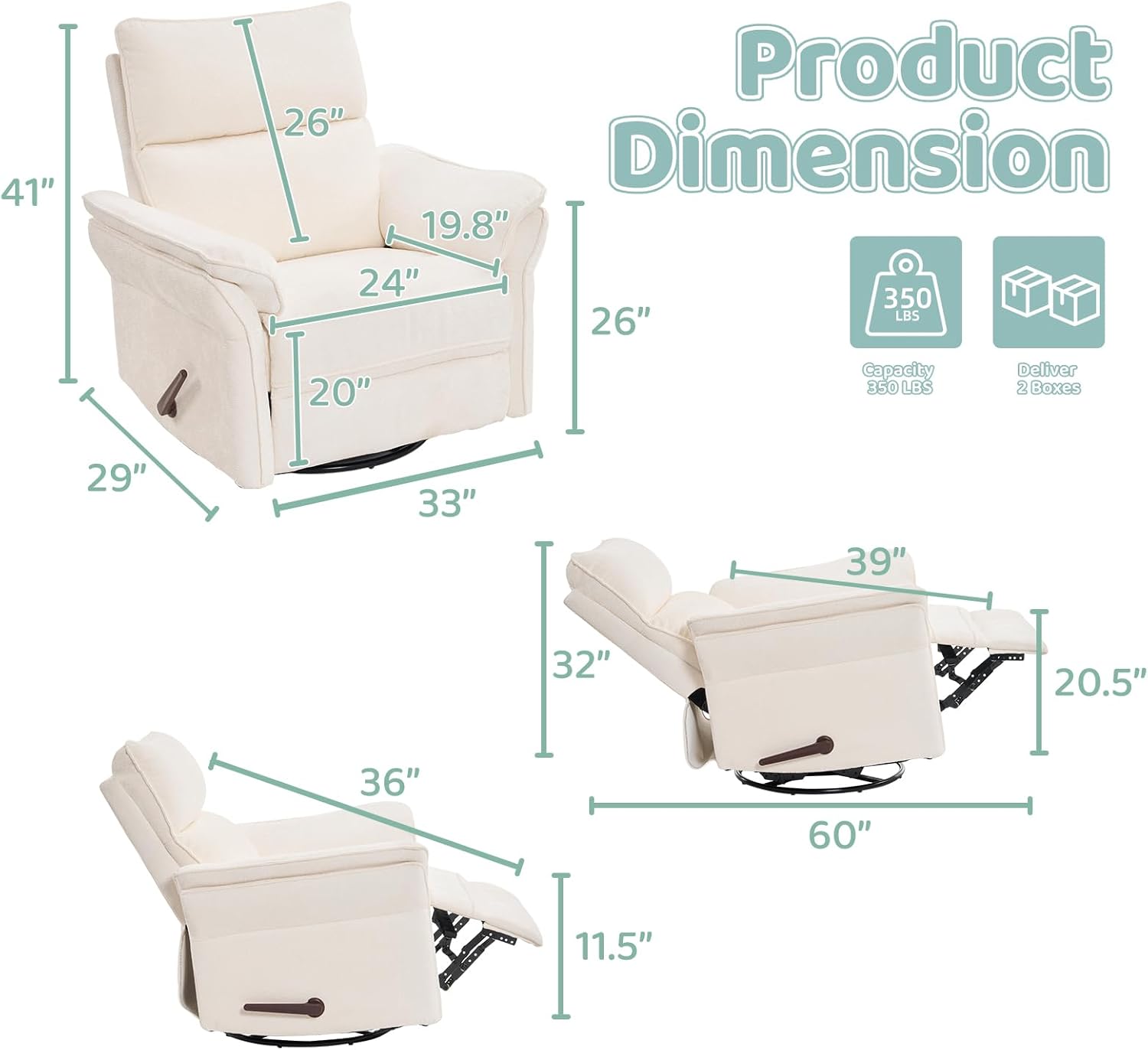 Swivel Rocker Recliner with Adjustable Headrest,Upholstered Glider Rocker Recliner with Overstuffed Armrest,Manual Recliner Nursery Chair for Living Room,White