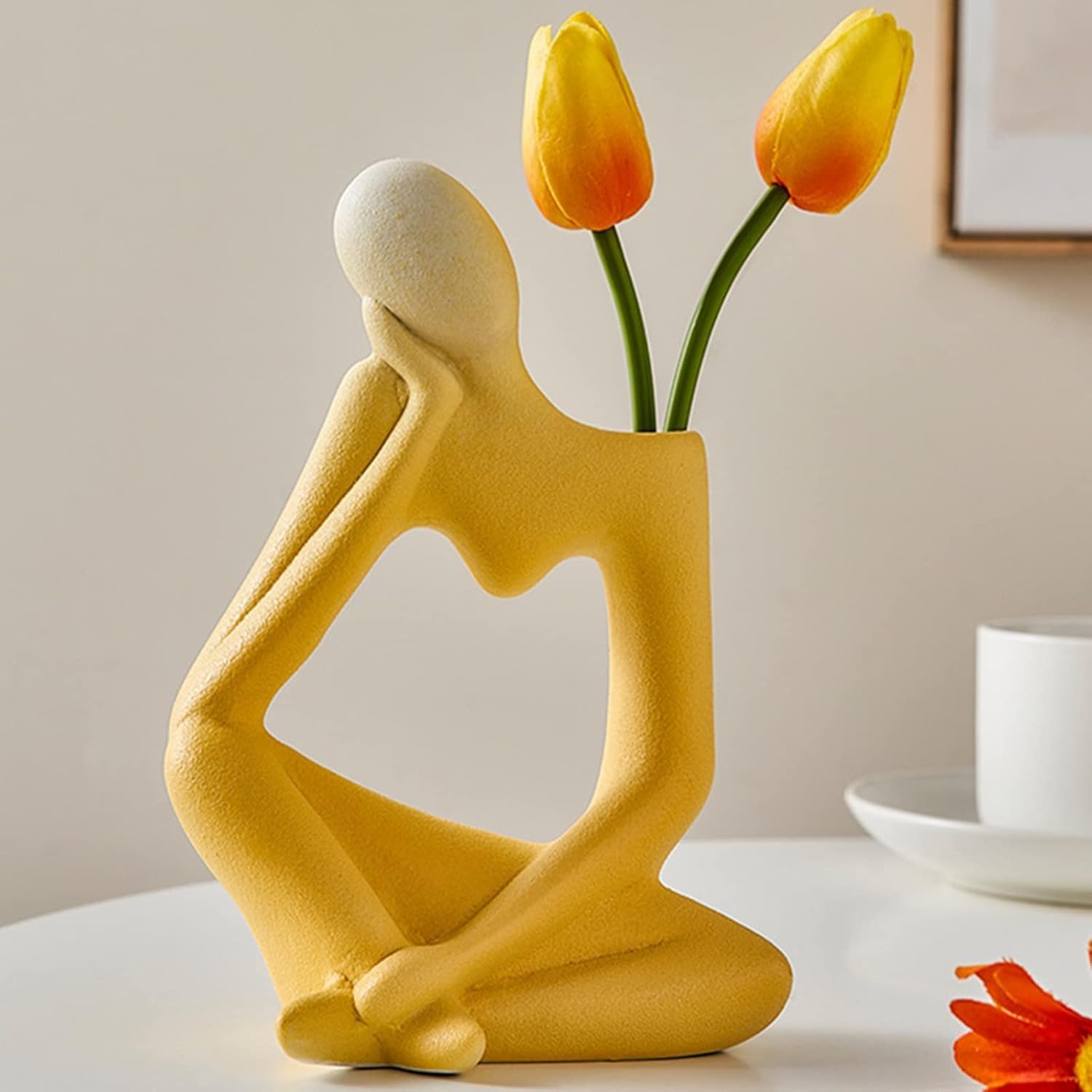 Arawat Ceramic Thinker Vase Yellow Flower Vase for Home Decor Modern Cute Boho Vases for Table Room Decor Unique Aesthetic Ceramic Decorative Vases for Centerpieces Birthday Gifts for Women Men