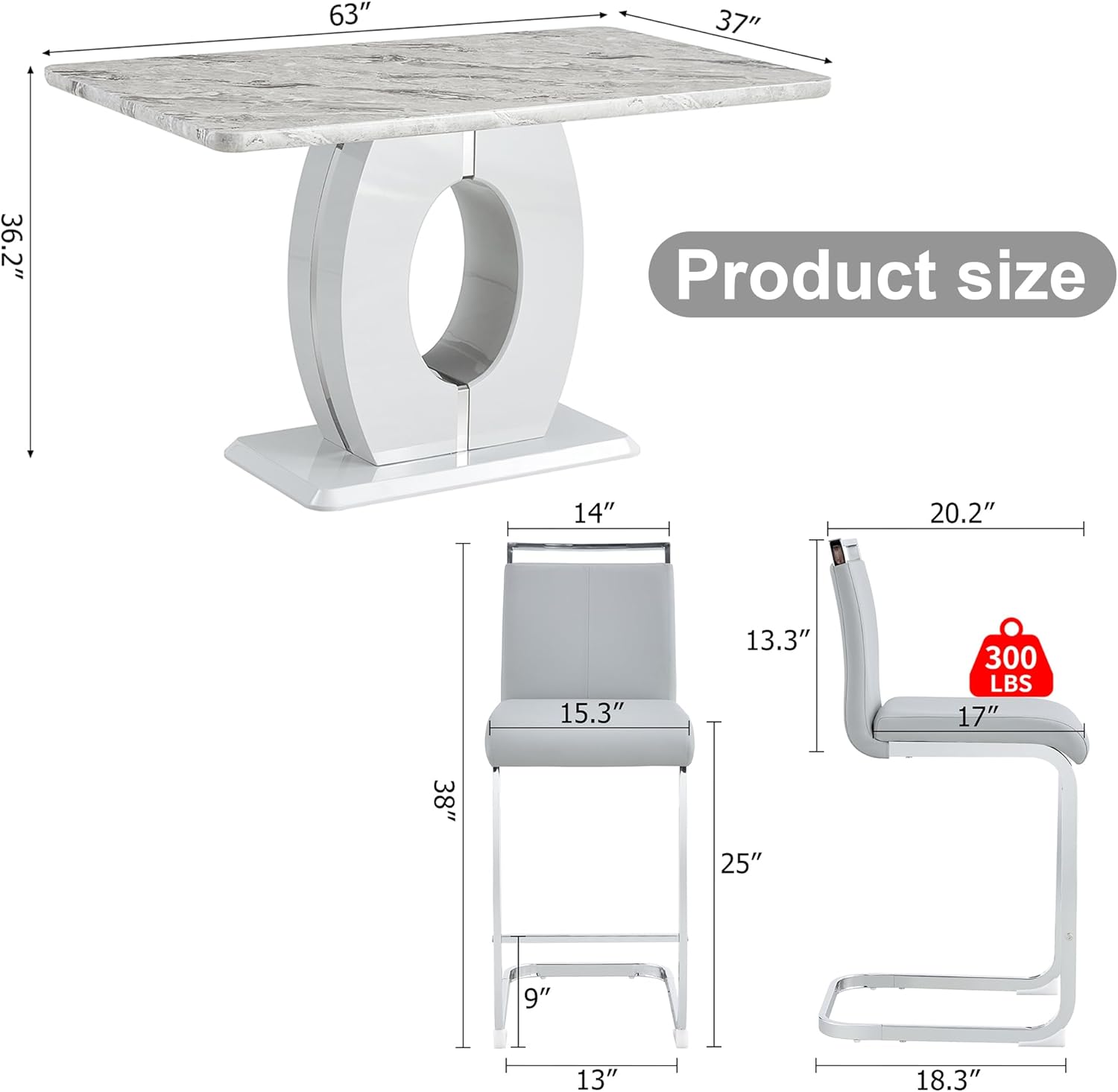 7 Piece Marble Dining Table Set for 6,Counter Height Dining Table Set,63" Dining Room Table with 6 Light Grey Leather Barstools,Bar Height Table and Chairs Ideal for Pub Kitchen