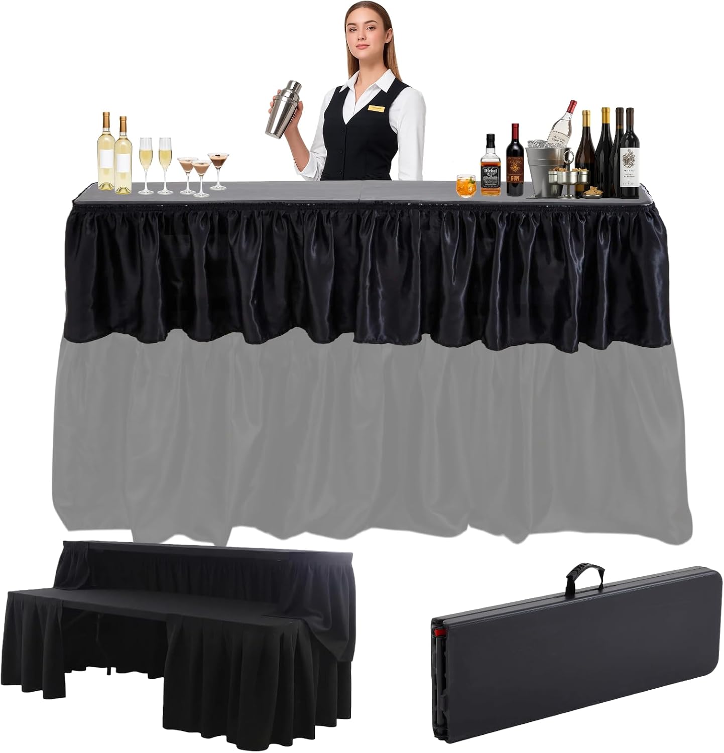 Vercraft Portable Bar Top Riser Tables Folding Bar Riser Mobile Table Foldable Portable Risers with Skirt for Events Wedding Banquet Home Party Picnics (Table Not Included)(Black Skirt,6 ft,Black)