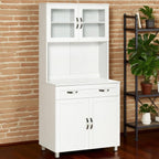 Modern Freestanding Kitchen Pantry Cabinet, 2 Double-Door Cabinets & Pull-Out Drawer, Framed Glass Doors, Anti-Topple Design, 31.5" W x 67" H
