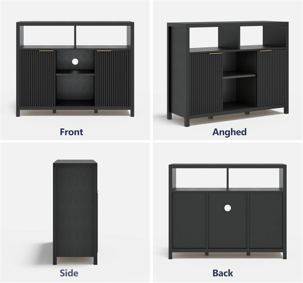 Sideboard Buffet Storage Cabinet, Modern Wood Sideboard with 2 Fluted Doors, Coffee Bar Buffet Table with 4 Large Open Shelf, Accent Storage Cabinet for Living Room Entryway, Black