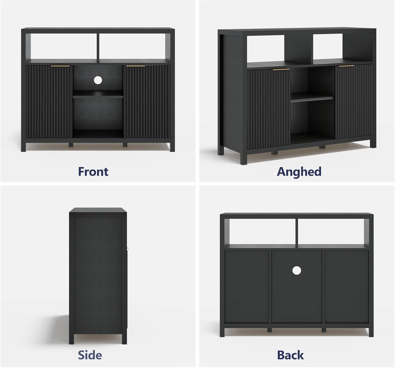 Sideboard Buffet Storage Cabinet, Modern Wood Sideboard with 2 Fluted Doors, Coffee Bar Buffet Table with 4 Large Open Shelf, Accent Storage Cabinet for Living Room Entryway, Black