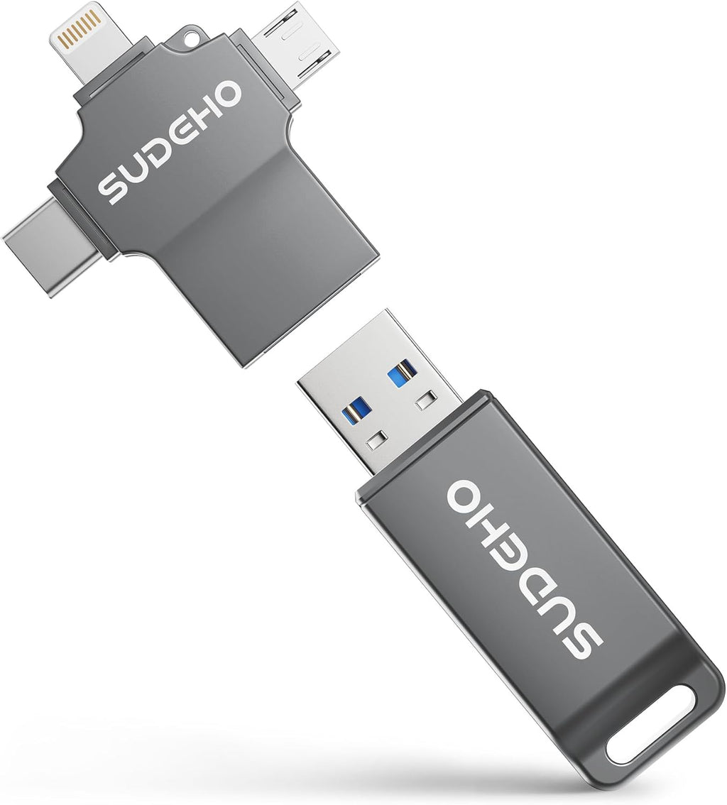 MFi Certified Photo Stick 128GB USB Flash Drive for iPhone, 4 in 1 External Memory Thumb Drive for Picture Video Data Backup, High Speed Memory Stick USB Drive for iPhone/iPad/Android/PC (Gun Black)