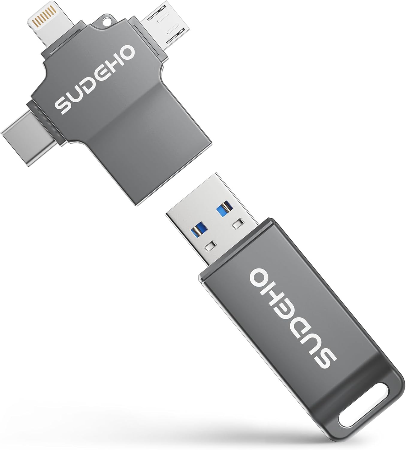 MFi Certified Photo Stick 128GB USB Flash Drive for iPhone, 4 in 1 External Memory Thumb Drive for Picture Video Data Backup, High Speed Memory Stick USB Drive for iPhone/iPad/Android/PC (Gun Black)