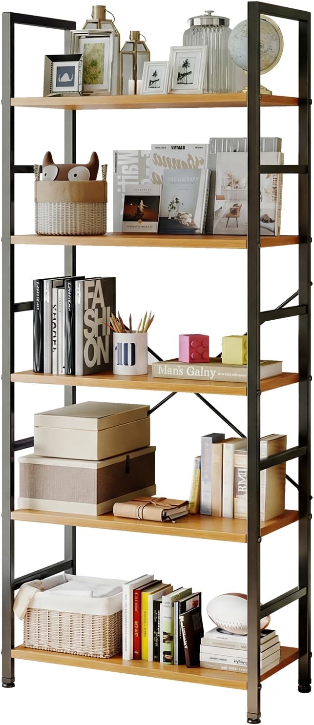 Sweetcrispy Book Shelf, 5 Tier Bookcase, Modern Tall Bookshelf for Garage Kit, CDs, Movies, Industrial Corner Storage Organizer for Bedroom Home Office Kitchen Living Room, Wood