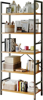 Sweetcrispy Book Shelf, 5 Tier Bookcase, Modern Tall Bookshelf for Garage Kit, CDs, Movies, Industrial Corner Storage Organizer for Bedroom Home Office Kitchen Living Room, Wood