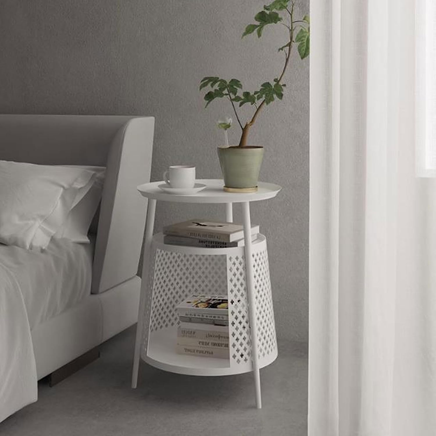 Sofa Side Round Side Table End with Cat House, Condo, Indoor Furniture Kitten, Small Coffee Nightstand with Storage, Living Room Sofa Bedside with Bed(White)