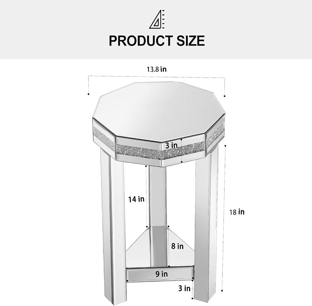 IKIFLY Mirrored End Table with 2-Tier, Crushed Diamond Nightstand with Octagonal Tabletop, Silver Accent Beside Table with Storage for Living Room, Bedroom and Office