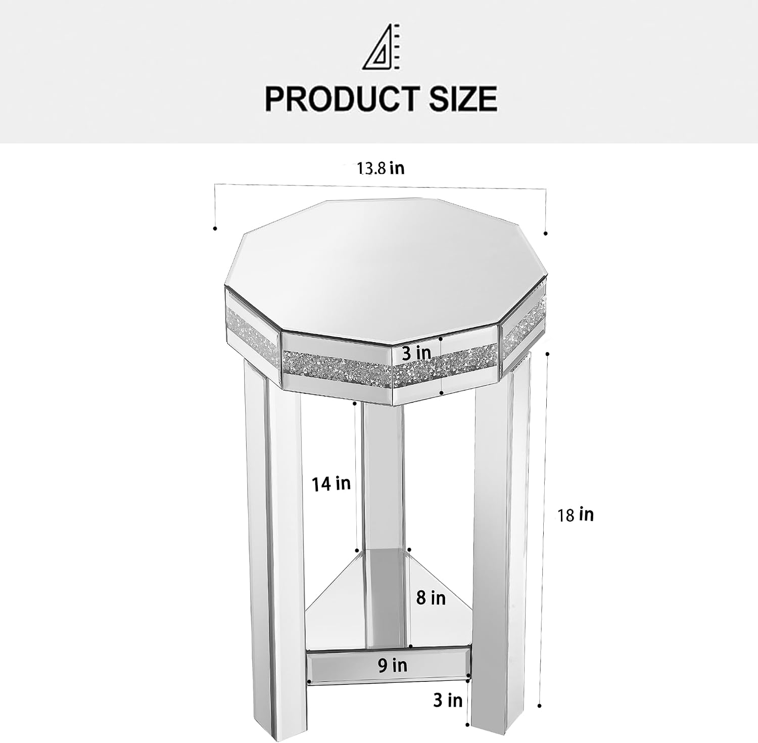 IKIFLY Mirrored End Table with 2-Tier, Crushed Diamond Nightstand with Octagonal Tabletop, Silver Accent Beside Table with Storage for Living Room, Bedroom and Office