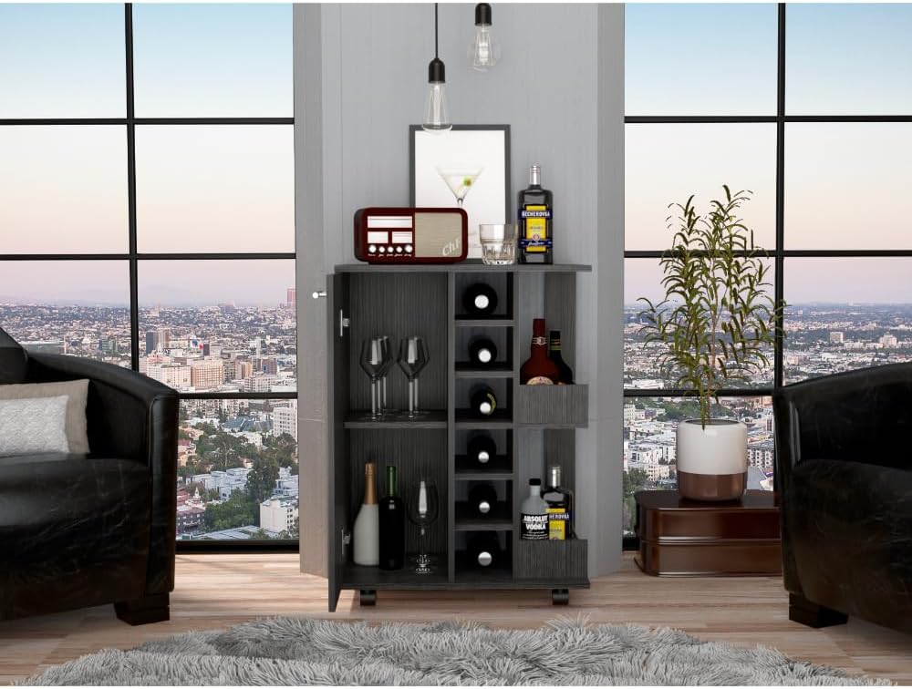 Tuhome Bar Cart, Two External Shelves, Four Casters, Six Built-in Wine Rack, Single Door Cabinet -Smokey Oak