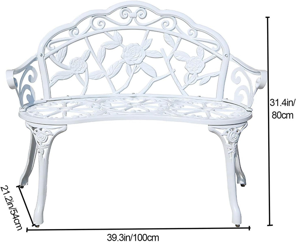 Patio Bench Double Seat, Cast Aluminum Outdoor Furniture with Floral Rose for Patio, Park, Lawn, Yard(C1)