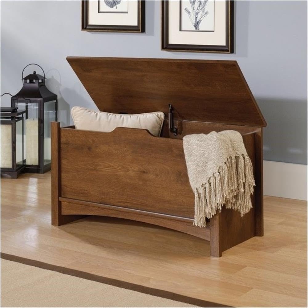 Pemberly Row Farmhouse Engineered Wood Storage Chest, Oiled Oak Finish, 35.25"W x 15.5"D x 18.88"H, Large Hidden Storage Area, Safety Lid Stay, Ventilated Design, Versatile Blanket Chest for Any Room