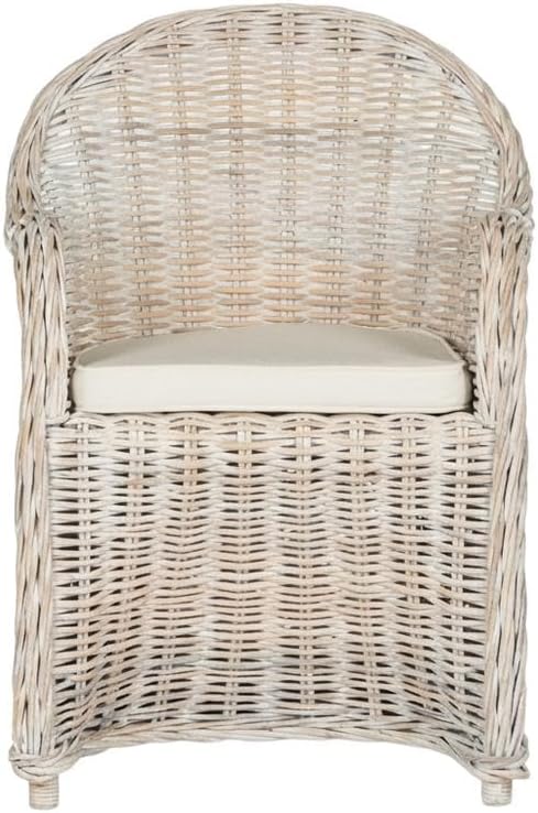 White Wicker Club Chair with Rattan Frame, Cotton Fabric, Comfortable Armrest, Stylish Design for Outdoor Lounge, Deck Or Patio