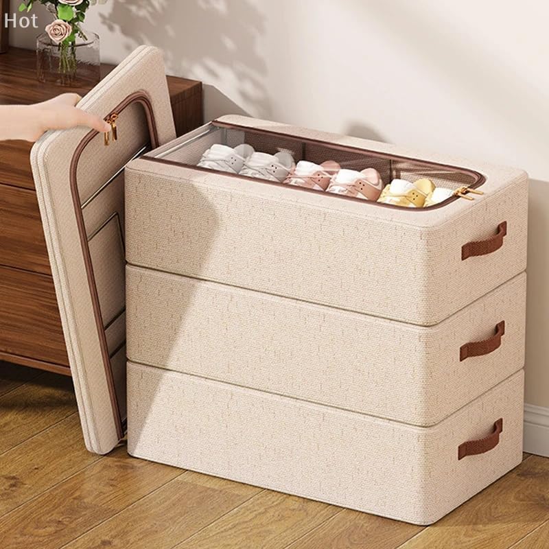 Under Bed Shoe Storage Organizer Foldable Shoe Rack Holder with Sturdy Handles Clear Window Multi Purpose Storage Small Space Organization (Beige M)
