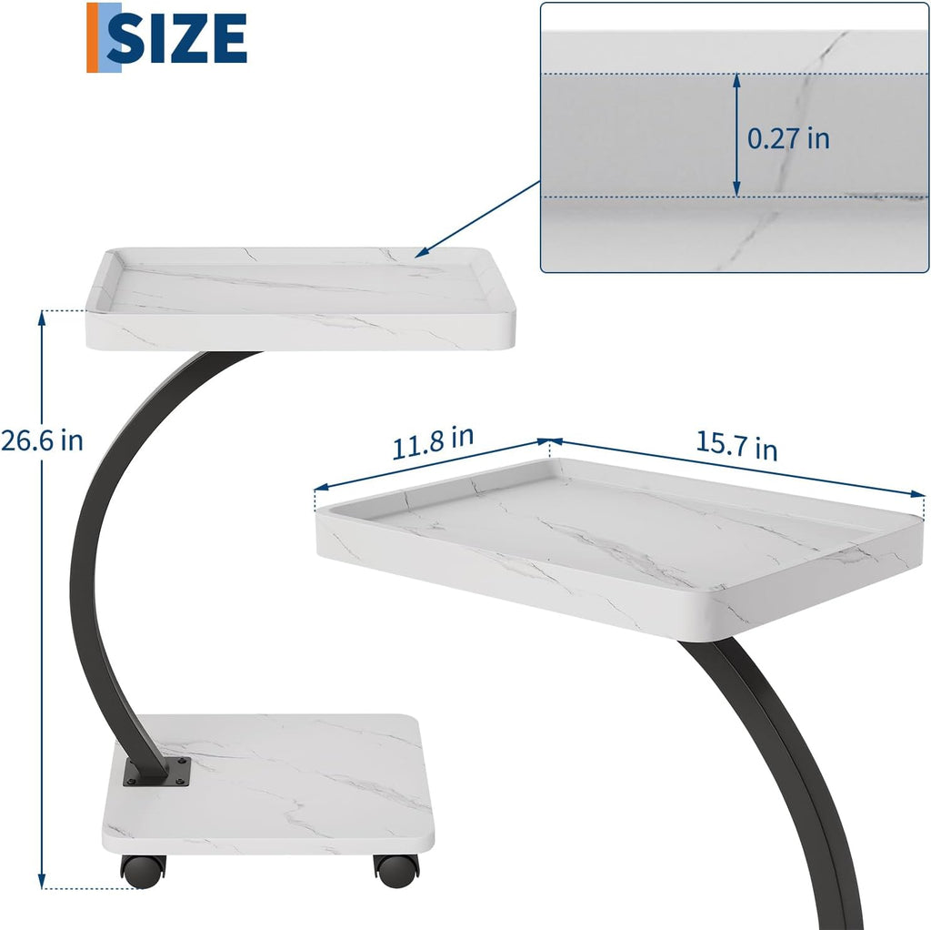 C Shaped TV Tray Table, C Shaped End Table for Couch, 2-Tier Rolling Small Side Table, Versatile Bedside & Laptop Desk, Side Table, White