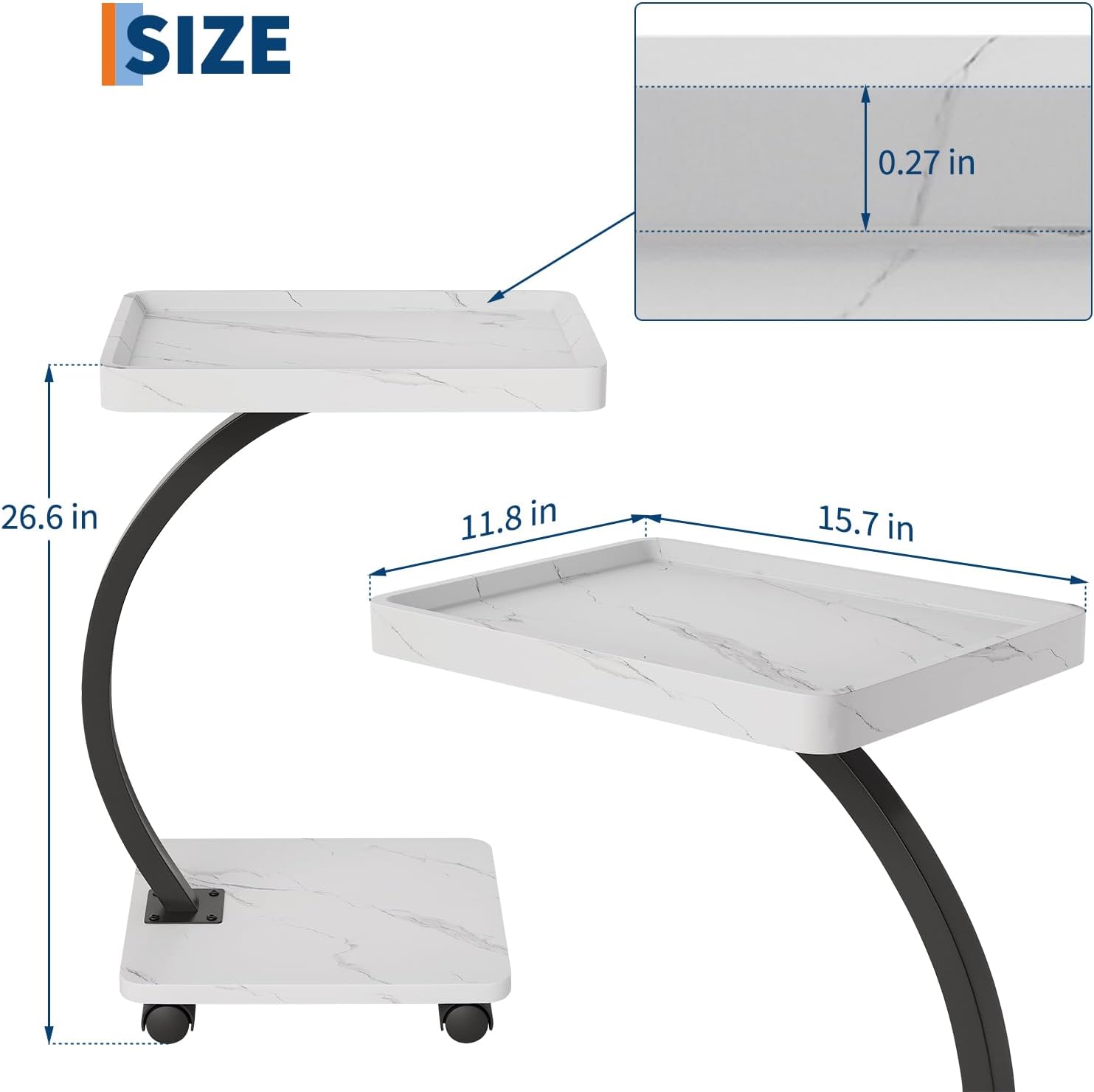 C Shaped TV Tray Table, C Shaped End Table for Couch, 2-Tier Rolling Small Side Table, Versatile Bedside & Laptop Desk, Side Table, White