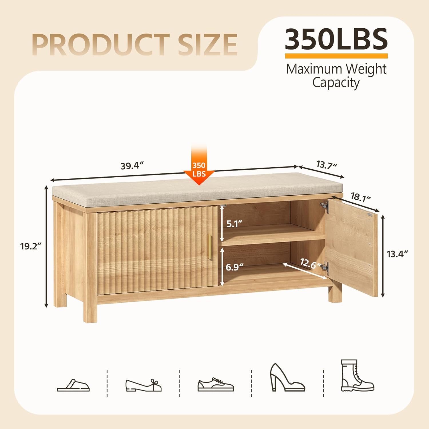 39.4" Shoe Storage Bench with Seating Cushion, Fluted 2-Tier Entryway Bench with 2 Doors & Adjustable Shelves, Shoe Cabinet Bench for Entryway, Bedroom, Hallway, and Living Room